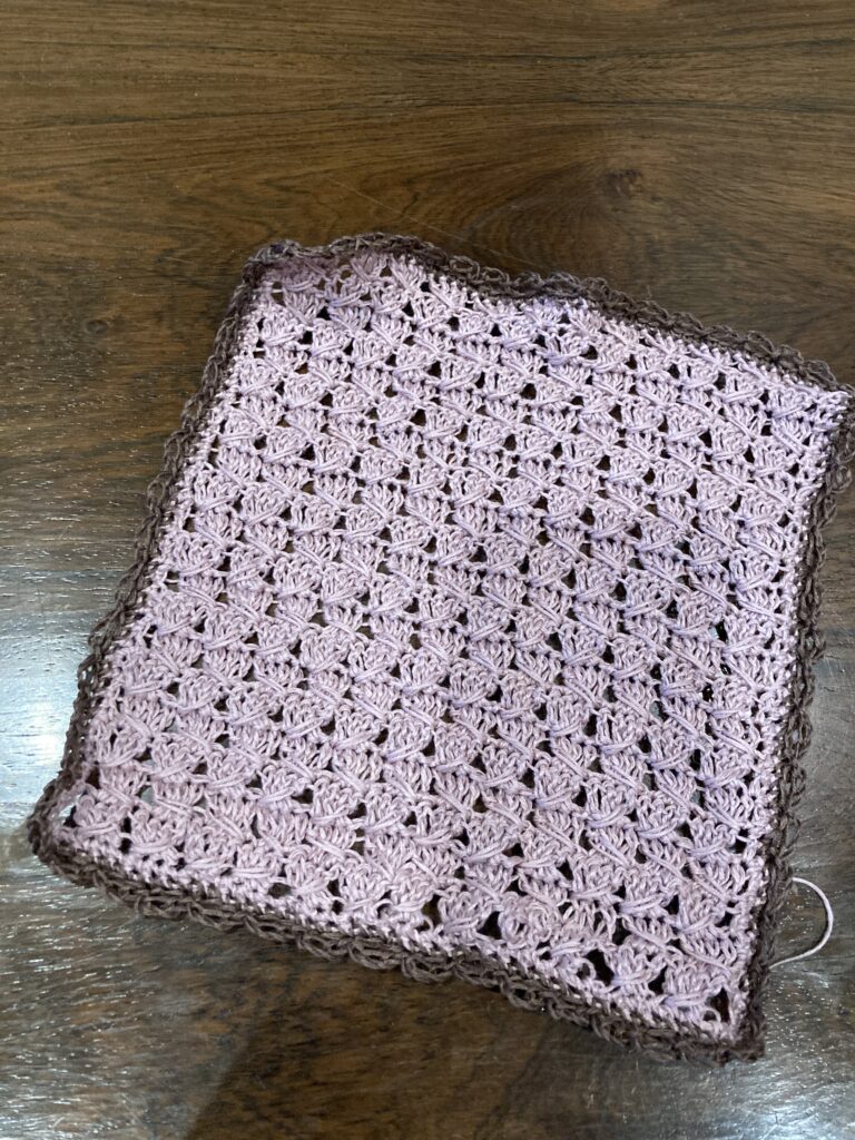 A recent purple linen knit dishcloth with a dark contrasting border