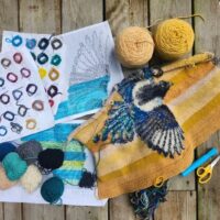 Kirk's bird pillow in progress, with notes on yarns and colours and progress marked off on printed charts using coloured markers