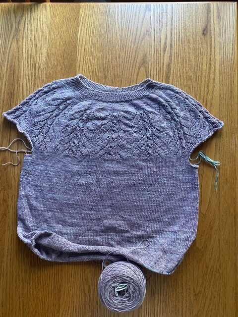 Current WIP, Salty Air Tee by Samantha Guerin in blue yarn