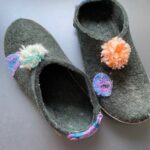 Brightly coloured floral patches on grey felt Glerups