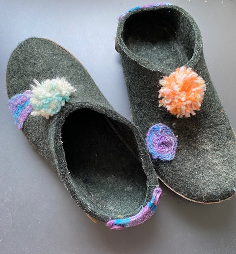 Brightly coloured floral patches on grey felt Glerups