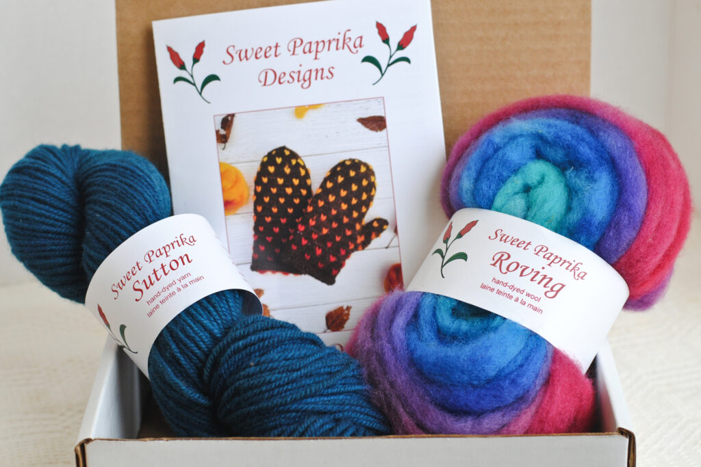 Heart’s Delight thrummed mitten kit in the “Northern Lights” colourway